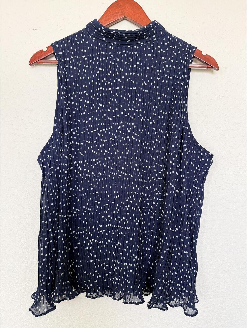 Adrianna Papell Women’s L Navy White Polka Dot Pleated Sleeveless Dress